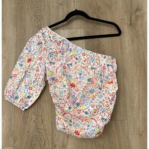 ASOS Puff‎ Sleeve One Shoulder Ruched Sides Floral Blouse Size 8